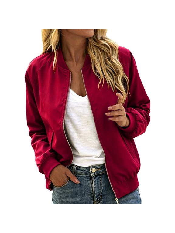 Women's Jacket Bomber baseball jacket Zip Up Long Sleeve Casual Fall Coat Windbreaker with Pockets,Red