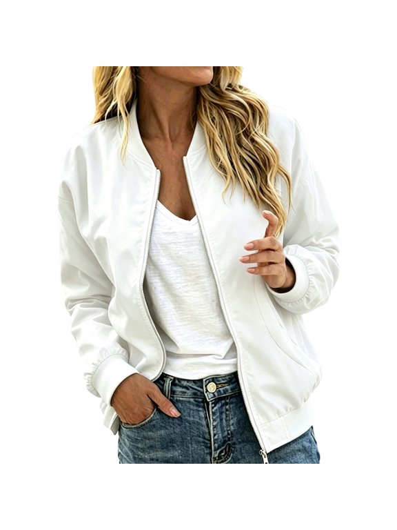 Women's Jacket Bomber baseball jacket Zip Up Long Sleeve Casual Fall Coat Windbreaker with Pockets,White