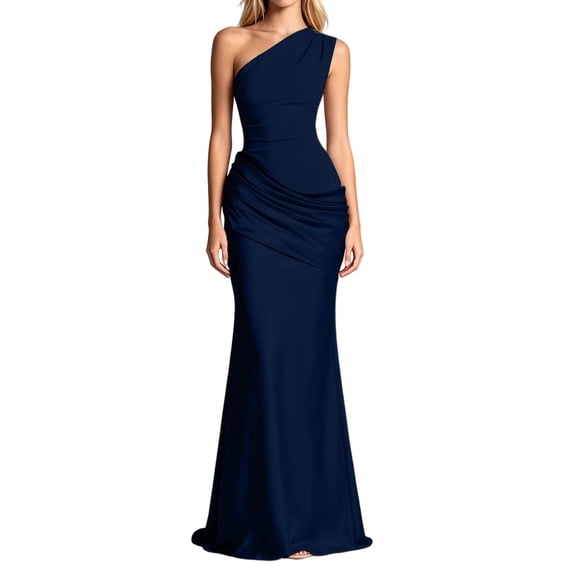 Swanpen Women's One Shoulder Satin Evening Gown, Asymmetric Ruched Bodycon Maxi Dress for Formal Party