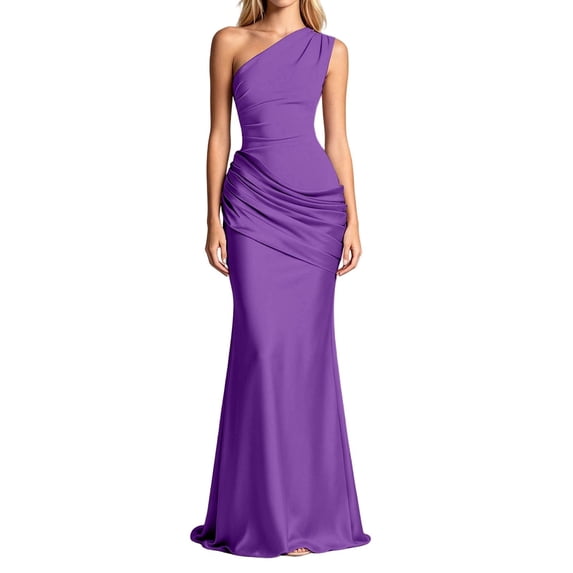 Swanpen Women's One Shoulder Satin Evening Gown, Asymmetric Ruched Bodycon Maxi Dress for Formal Party