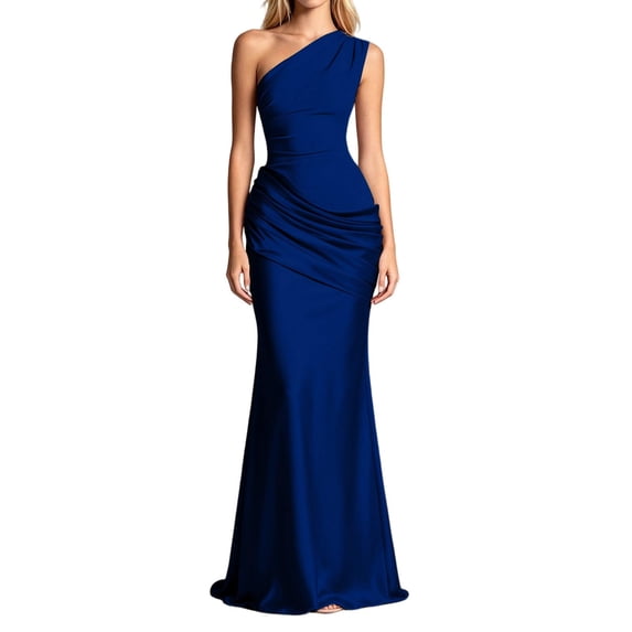 Swanpen Women's One Shoulder Satin Evening Gown, Asymmetric Ruched Bodycon Maxi Dress for Formal Party