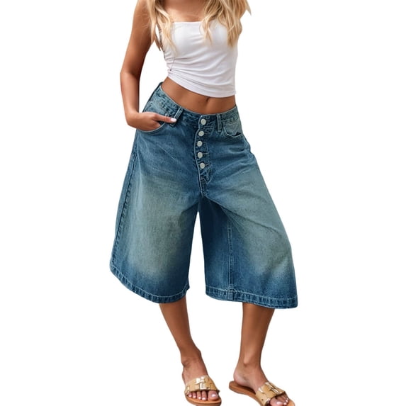Swanpen Women's Solid Color Jean Capri Shorts Wide Leg Loose Fit Button Detail Casual Pants for Spring Summer Fall