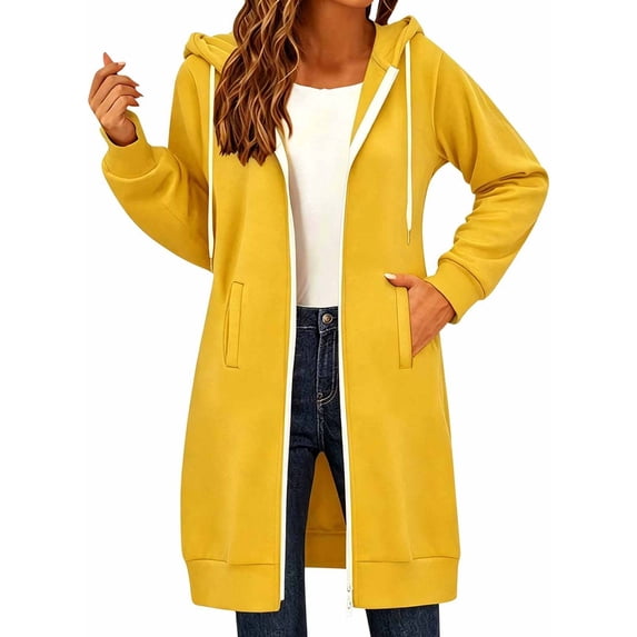 Swanpen Women's Solid Color Zip Up Long Hoodie Jacket Loose Mid Length Fleece Coat with Side Pockets