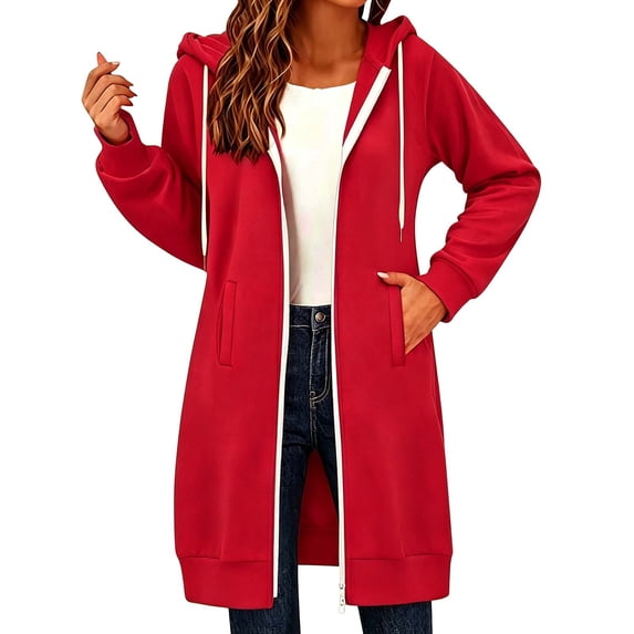 Swanpen Women's Solid Color Zip Up Long Hoodie Jacket Loose Mid Length Fleece Coat with Side Pockets