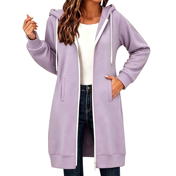 Swanpen Women's Solid Color Zip Up Long Hoodie Jacket Loose Mid Length Fleece Coat with Side Pockets
