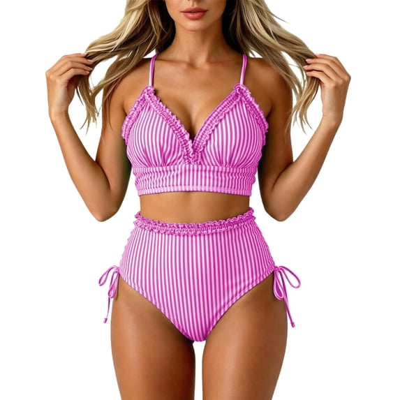 Swanpen Women's Striped Ruffled High Waisted Bikini Set, V-Neck Adjustable Strap 2 Piece Swimsuit