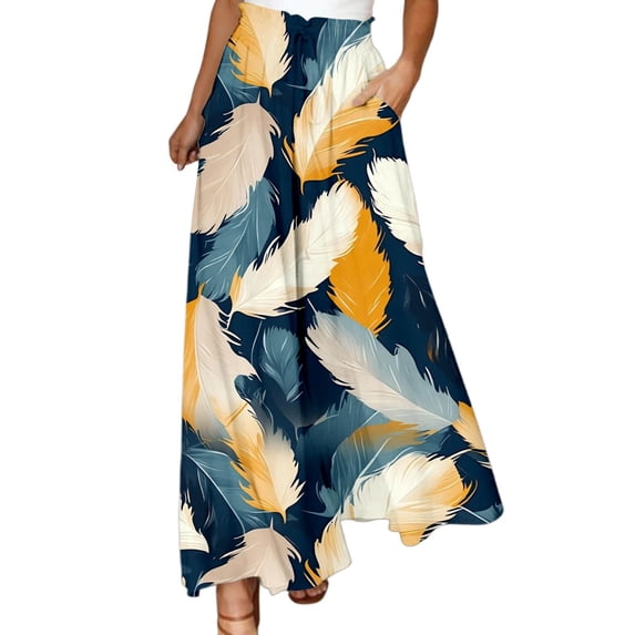 Swanpen Women's Summer Print Wide Leg Palazzo Pants Elastic Drawstring Waist Flowy Loose Fit Casual Long Trousers with Side Pockets