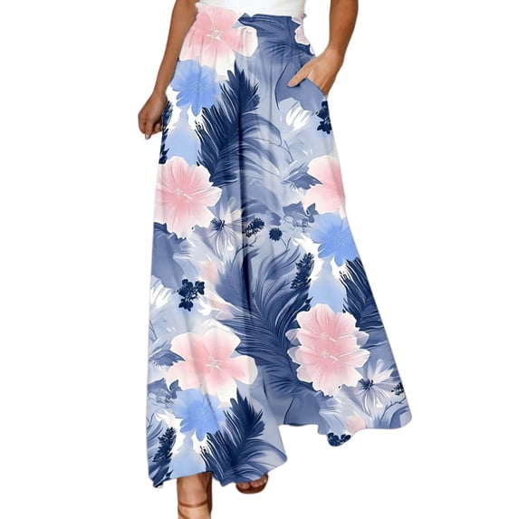 Swanpen Women's Summer Print Wide Leg Palazzo Pants Elastic Drawstring Waist Flowy Loose Fit Casual Long Trousers with Side Pockets