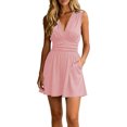 thumbnail image 1 of Swanpen Women's V Neck Sleeveless Ruched Skort Romper Short Jumpsuit with Side Pockets Summer Casual Beach Outfit, 1 of 4
