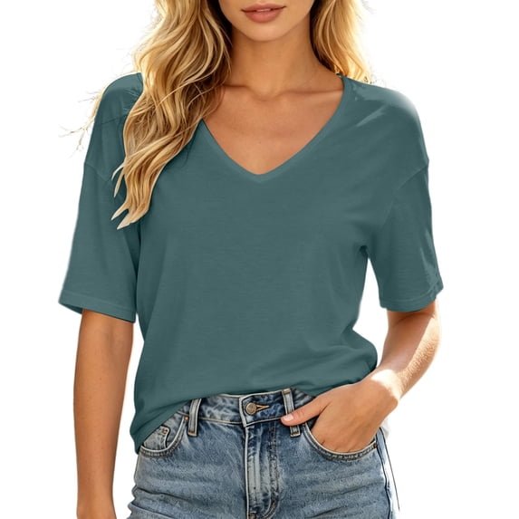 Swanpen Women's V Neck T Shirts Summer Short Sleeve Spring Going Out Tops Casual Loose Fit Basic Tees Beach Clothes