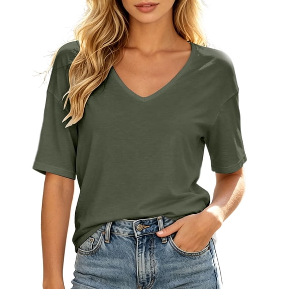 Swanpen Women's V Neck T Shirts Summer Short Sleeve Spring Going Out Tops Casual Loose Fit Basic Tees Beach Clothes