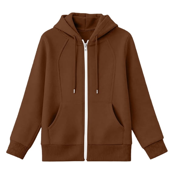 Swanpen Women's Winter Fleece Lined Hoodie - Solid Color Zip Up Long Sleeve Sweatshirt with Pockets, Cozy Thermal Hooded Jacket for Women,M,Coffee