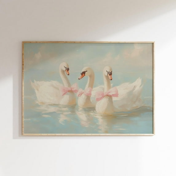 Swans With Bow Print, Pink Cottage Core Room Decor, Balletcore Wall Art, Coquette Bow Art Print, Apartment Decor, Cute Prints Wall Art, Modern Wall Decor, 24x36 UNFRAMED