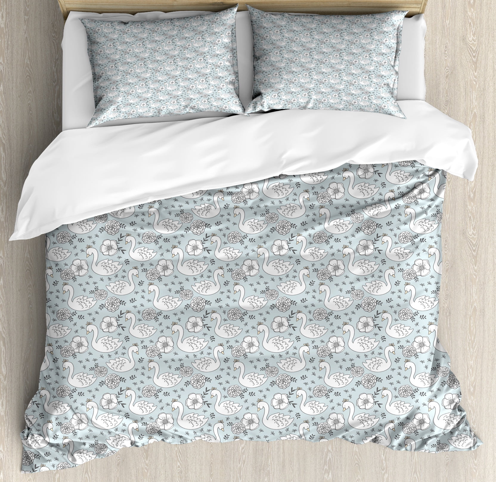 Floral Swan Pattern Print Duvet Cover Bedding Set