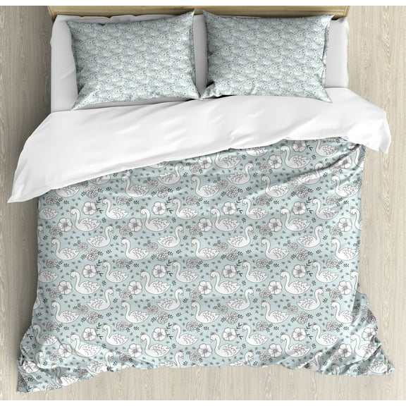 Swans Duvet Cover Set, Continuous Pattern of Hand Drawn Flower Blossoms and Aquatic Birds, Decorative 3 Piece Bedding Set with 2 Pillow Shams, Calking Size, Pale Blue Grey and White, by Ambesonne