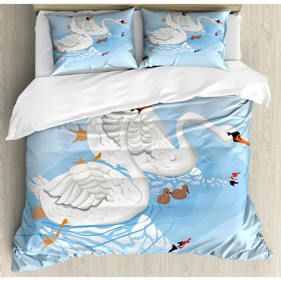 Swans Duvet Cover Set, Gracious Animals in River Reflections Floral Art, Decorative 3 Piece Bedding Set with 2 Pillow Shams, King Size, Pale Blue Multicolor, by Ambesonne