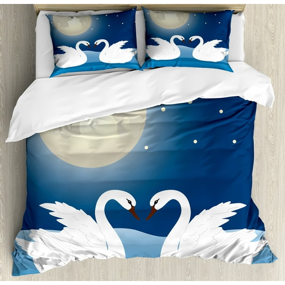 Swans Duvet Cover Set, Romantic Moonlight Sky View at Night Gracious Love, Decorative 3 Piece Bedding Set with 2 Pillow Shams, King Size, Cream Dark Sky Blue, by Ambesonne