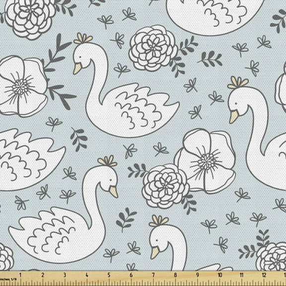 Ambesonne Swans Fabric by the Yard Upholstery, Hand Drawn Flowers and Birds, 1 Yard, Pale Blue Grey and White