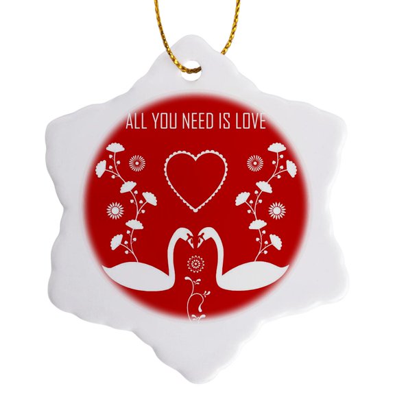 3drose, Swans, Flowers and Hearts on Red Background as a Celebration of Love, 3 inch Snowflake Porcelain Ornament