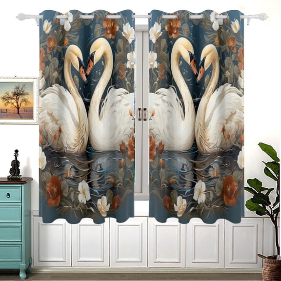 Swans Flowers Circle Birds Curtains Black Out Curtains for Sliding Glass Doors Bedroom Living Room Bathroom 2 Panels Set