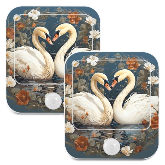 Swans Flowers Circle Birds Night Lights Plug into Wall LED with Auto Light Sensor Warm Light for Kids Hallway Bedroom Living Room Kitchen Bathroom Set of 2