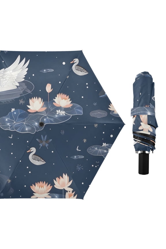 Swans Flowers Leaves All Weather Umbrella Triple Folding Parasol 6 Ribs UV Protection Portable