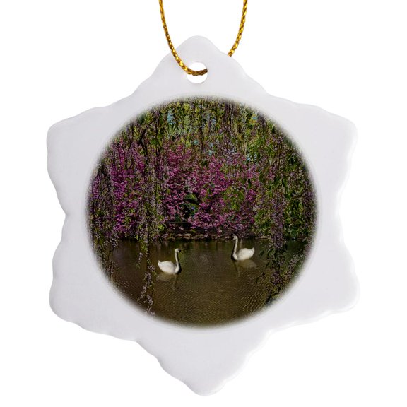 3drose, Swans Garden Spring Cherry Blossoms, 3 inch Snowflake Porcelain Ornament