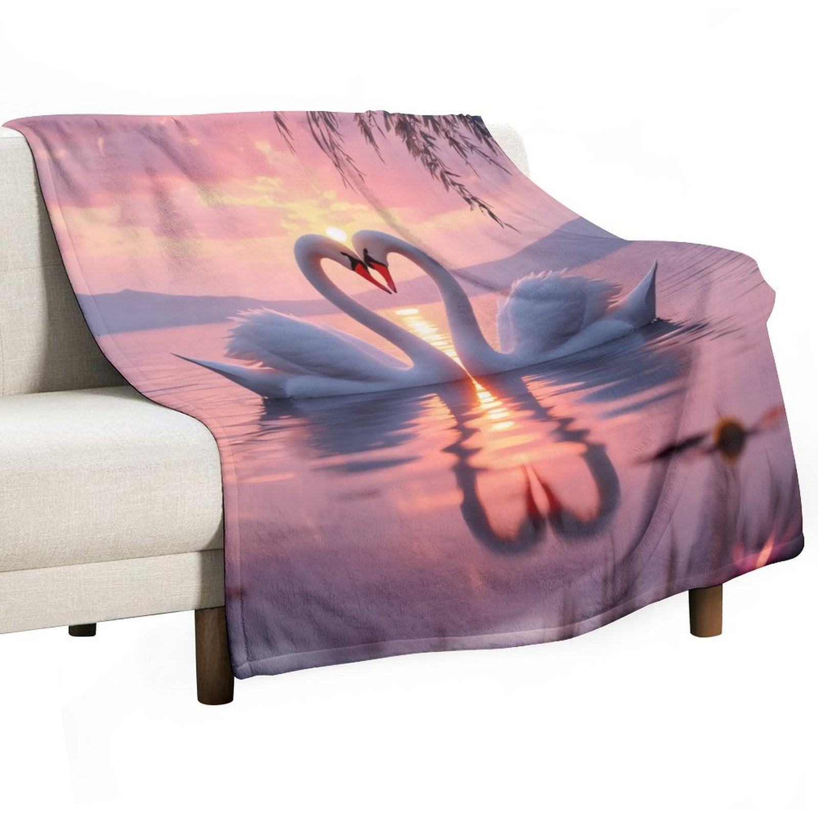 Swans Heart Sunset Reflection Throws Blankets for Sofa Bed Winter 