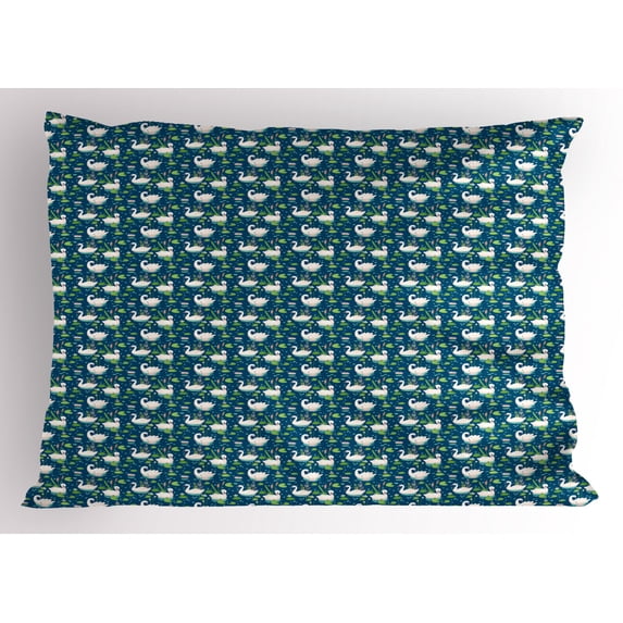 Swans Pillow Sham, Repetitive Aquatic Birds Lotus Flowers Colorful Illustration, Decorative Standard King Size Printed Pillowcase, 36" X 20", Lime Green Seafoam and Pale Rust, by Ambesonne