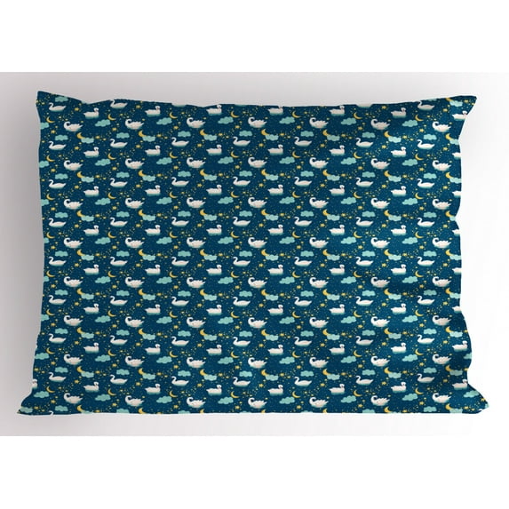 Swans Pillow Sham, Repetitive Gracious Aquatic Bird Cygnets Night Sky, Decorative Standard Queen Size Printed Pillowcase, 30" X 20", Seafoam Pale Tan Pale Eggshell Dark Sky Blue, by Ambesonne