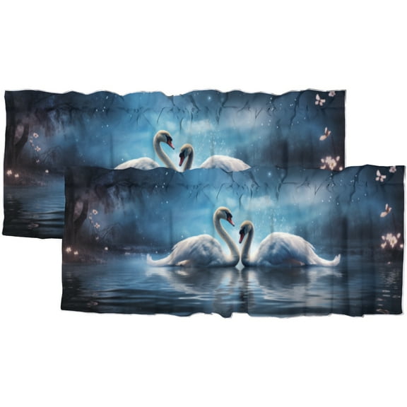 Swans Printed Window Curtains Valances White Swans Couple Heart Forest Night Scenery Rod Pocket Window Valance for Living Room Bathroom Bedroom Kitchen 54 by 18 in, 2 Panel