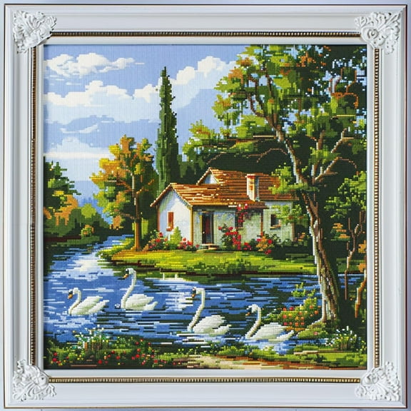 Swans on River House Landscape DIY 11CT Stamped Cross Stitch Kits for Beginners Easy Needlepoint Embroidery Counted Cross Stitch Art Craft for Wall Decoration 14x14inch(3)