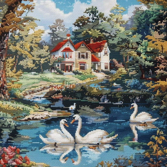 Swans on River House Landscape DIY 11CT Stamped Cross Stitch Kits for Beginners Easy Needlepoint Embroidery Counted Cross Stitch Art Craft for Wall Decoration 14x14inch(7)
