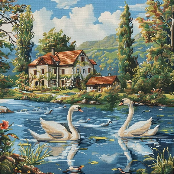 Swans on River House Landscape DIY 11CT Stamped Cross Stitch Kits for Beginners Easy Needlepoint Embroidery Counted Cross Stitch Art Craft for Wall Decoration 14x14inch(8)