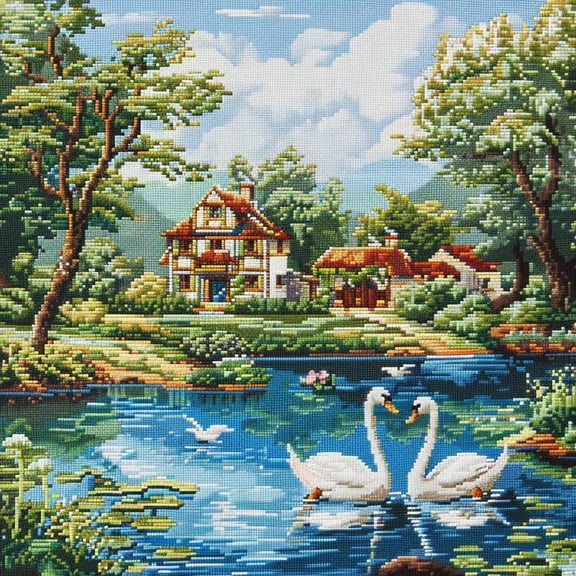 Swans on River House Landscape DIY 11CT Stamped Cross Stitch Kits for Beginners Easy Needlepoint Embroidery Counted Cross Stitch Art Craft for Wall Decoration 14x14inch(5)