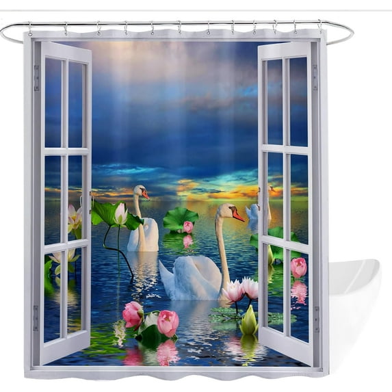 Swans Shower Curtains White Swans Couple Heart Scenery Outside Window Curtain Fabric Bathroom Decor Shower Curtain Set with Hooks 72X72 Inches