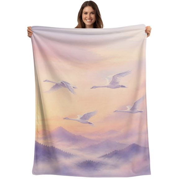Swans Sky Blanket Soft Cozy Warm Throw Blanket for Couch, Plush Fuzzy Flannel Blankets for Sofa, Purple Pink Nature Sunset Birds Mountain Bed Blankets Lightweight Gifts for Women, 30"x40"