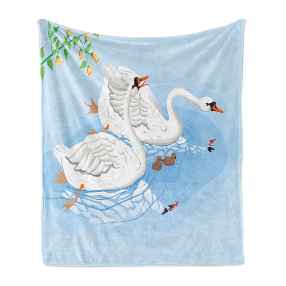 Swans Soft Flannel Fleece Throw Blanket, Gracious Animals in River Reflections Floral Art, Cozy Plush for Indoor and Outdoor Use, 60" x 80", Pale Blue Multicolor, by Ambesonne