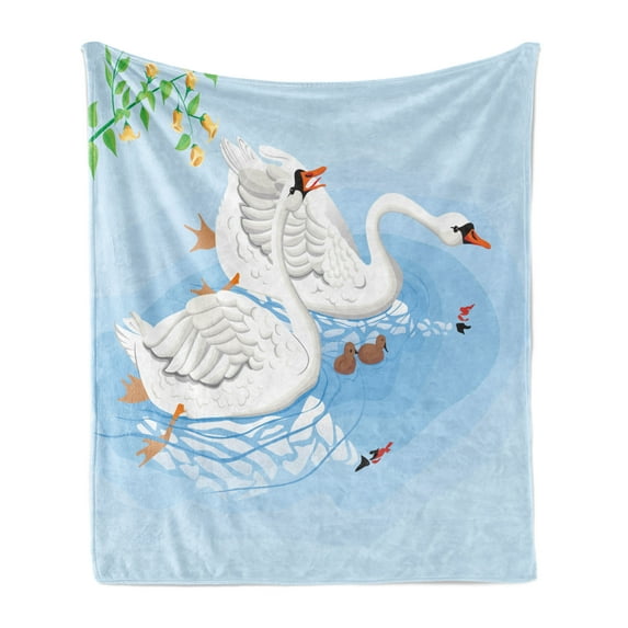 Swans Soft Flannel Fleece Throw Blanket, Gracious Animals in River Reflections Floral Art, Cozy Plush for Indoor and Outdoor Use, 70" x 90", Pale Blue Multicolor, by Ambesonne