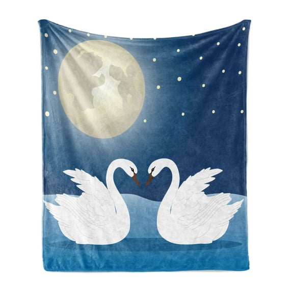 Swans Soft Flannel Fleece Throw Blanket, Romantic Moonlight Sky View at Night Gracious Love, Cozy Plush for Indoor and Outdoor Use, 50" x 70", Cream Dark Sky Blue, by Ambesonne