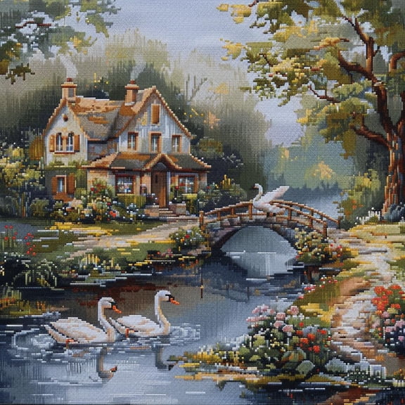 Swans Swimming in River House Bridge DIY 11CT Stamped Cross Stitch Kits for Beginners Easy Needlepoint Embroidery Counted Cross Stitch Art Craft for Wall Decoration 14x14inch(1)