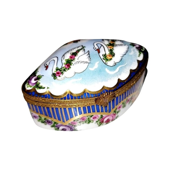 Swans Traditional Sevre Roses Limoges Box Collectible Limoges Box Porcelain Figurine