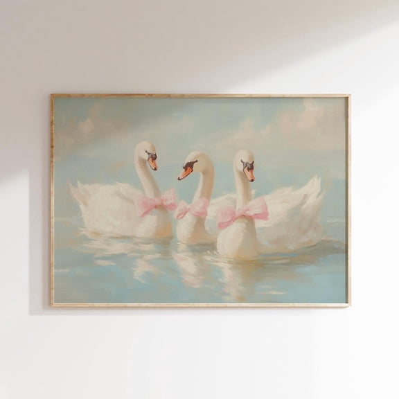 Swans With Bow Print, Pink Cottage Core Room Decor, Balletcore Wall Art, Coquette Bow Art Print, Apartment Decor, Cute Prints UNFRAMED