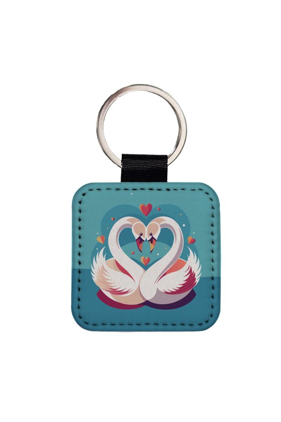 Swans in Love Anniversary Wedding Valentines Day Faux Leather Square Keychain