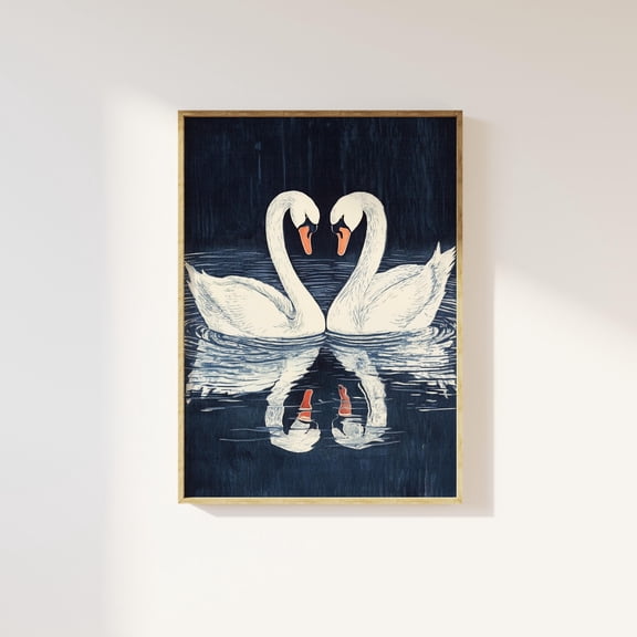 Swans swimming art print | peaceful artistic orangic art, two swans in lake poster, bold bathroom decor, peaceful nature art, ballet art