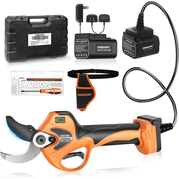 Swansoft Professional Electric Pruning Shears -1.57'' Progressive Cordless Pruning Shears,1050W Brushless Motor 21V 2AH+4AH Rechargeable Batteries,(8605Pro, Orange)