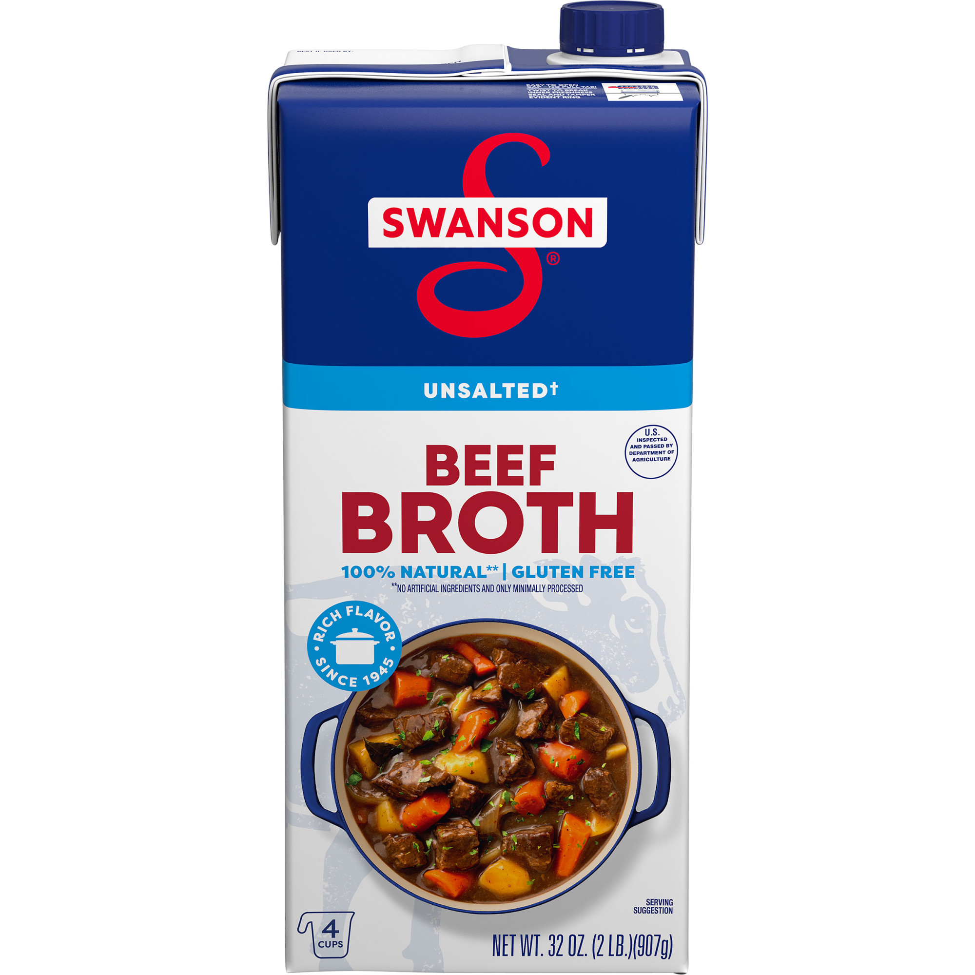 Swanson 100% Natural, Gluten-Free Unsalted Beef Broth, 32 oz Carton - image 1 of 15