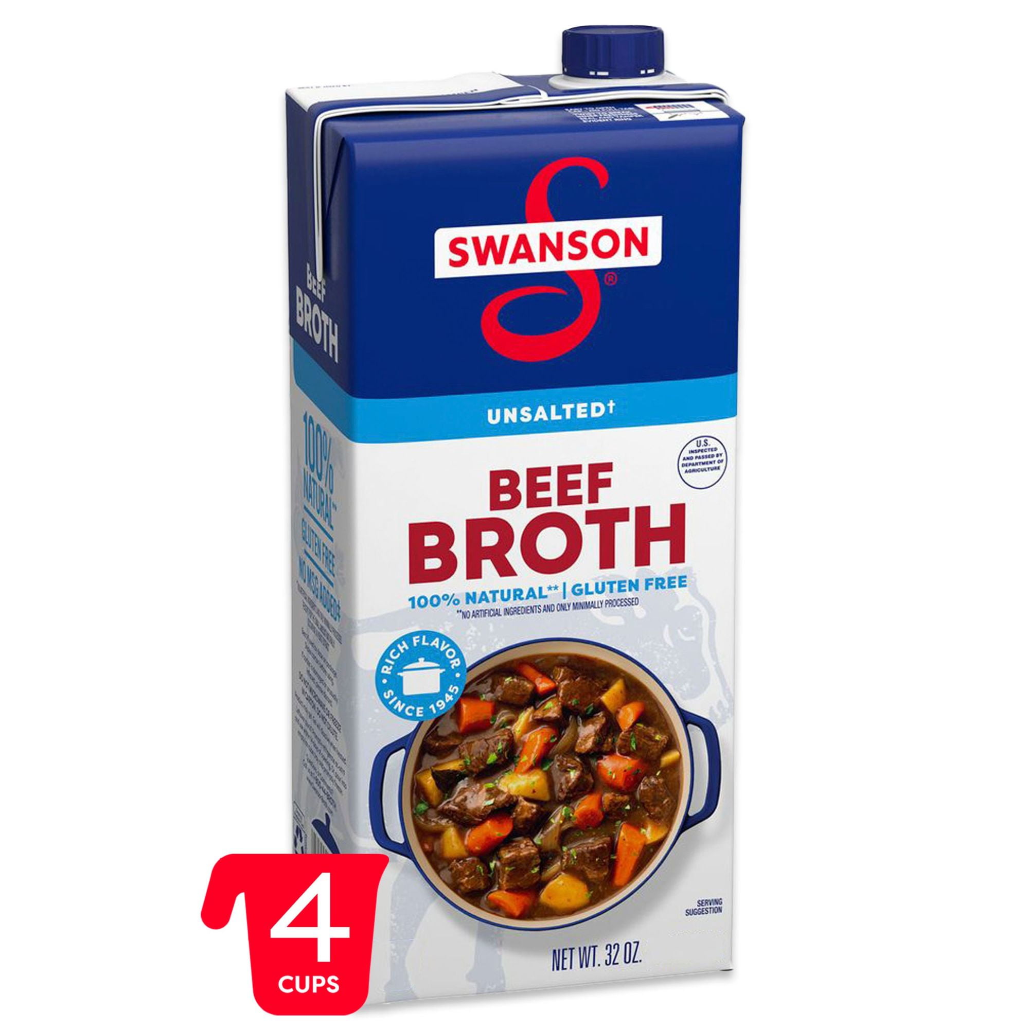 Swanson 100% Natural Unsalted Beef Broth, 32 oz Carton