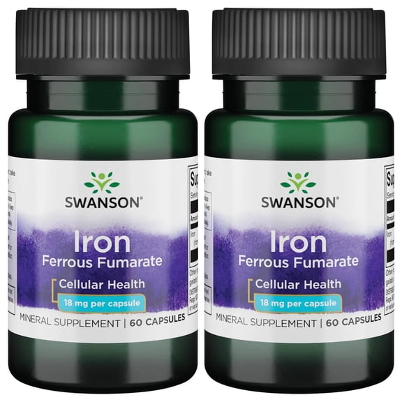 Swanson Iron (Ferrous Fumarate) - Mineral Supplement Promoting Energy Support - High-Concentration Formula Assists in Oxygen Delivery & Fatty Acid Metabolism - (60 Capsules, 18mg Each) 2 Pack