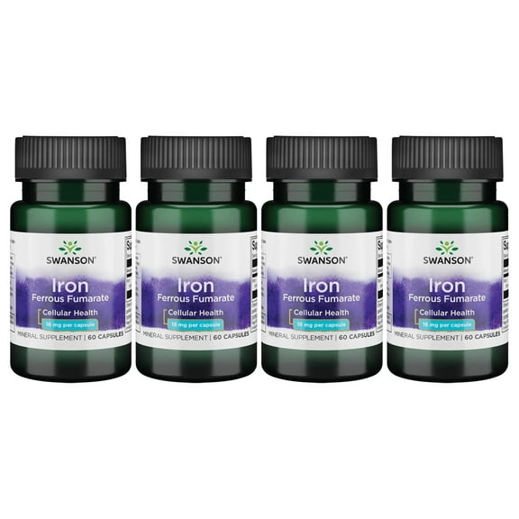 Swanson Iron (Ferrous Fumarate) - Mineral Supplement Promoting Energy Support - High-Concentration Formula Assists in Oxygen Delivery & Fatty Acid Metabolism - (60 Capsules, 18mg Each) 4 Pack